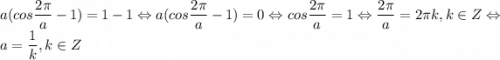 a(cos\dfrac{2\pi}{a}-1)=1-1\Leftrightarrow a(cos\dfrac{2\pi}{a}-1)=0\Leftrightarrow cos\dfrac{2\pi}{a}=1\Leftrightarrow \dfrac{2\pi}{a}=2\pi k, k\in Z\Leftrightarrow a=\dfrac{1}{k}, k\in Z