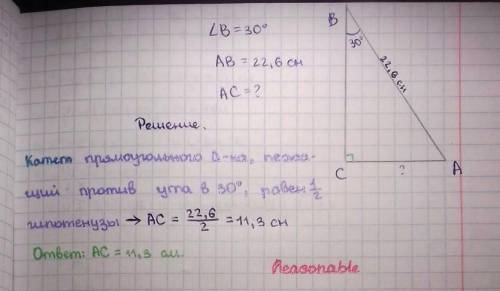 В прямоугольном треугольнике ABC, угол В=30°. Найдите AC, если AB=22,6 см