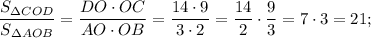 \dfrac{S_{\Delta COD}}{S_{\Delta AOB}}=\dfrac{DO \cdot OC}{AO \cdot OB}=\dfrac{14 \cdot 9}{3 \cdot 2}=\dfrac{14}{2} \cdot \dfrac{9}{3}=7 \cdot 3=21;