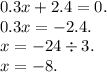 0.3x + 2.4 = 0. \\ 0.3x = - 2.4. \\ x = - 24 \div 3. \\ x = - 8.
