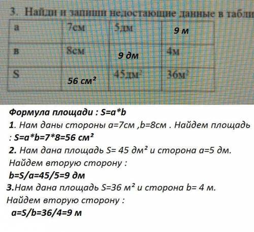 Найди и запиши недостающие данные в таблице. a= 7CM a= 5дм a=? В= 8см В= ? в- 4 м 2 S= ? S=45 дм S=