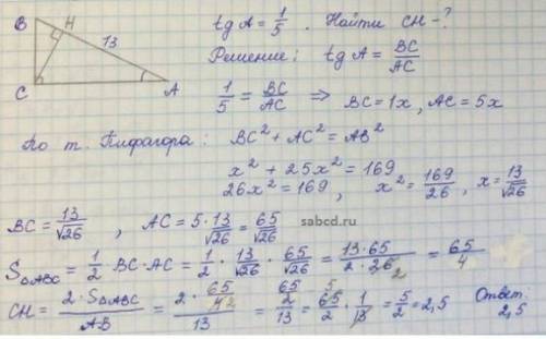 В треугольнике ABC угол C=90°,AB=13,tgA=2/3.Найти высоту CH