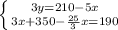 \left \{ {{3y=210-5x} \atop {3x + 350-\frac{25}{3} x=190} \right.