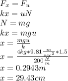 F_{x} =F_{u}\\kx=uN\\N=mg\\kx=mgu\\x=\frac{mgu}{k} \\x=\frac{4kg*9.81\frac{m}{sec^{2} } *1.5}{200\frac{N}{m} }\\x=0.2943m\\x=29.43cm