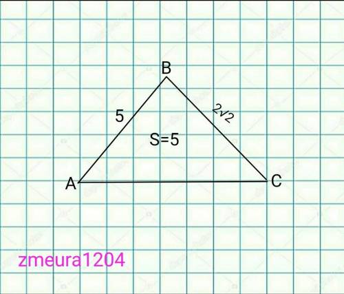 Две стороны треугольника равны 5 и 2корня из 2, а его площадь равна 5. найдите третью сторону. Решит