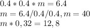 0.4*0.4*m=6.4\\m=6.4/0.4/0.4, m=40\\m*0,32=12,8