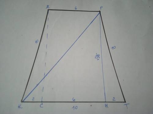 Основание равнобокой трапеции равны 6см и 10см, а диагональ делит тупой угол трапеции пополам. Найти