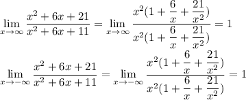 \displaystyle \lim_{x \to \infty} \frac{x^2+6x+21}{x^2+6x+11} =\lim_{x \to \infty} \frac{x^2(1+\displaystyle\frac{6}{x} +\frac{21}{x^2})}{x^2(1+\displaystyle\frac{6}{x} +\frac{21}{x^2})}=1displaystyle \lim_{x \to -\infty} \frac{x^2+6x+21}{x^2+6x+11} =\lim_{x \to -\infty} \frac{x^2(1+\displaystyle\frac{6}{x} +\frac{21}{x^2})}{x^2(1+\displaystyle\frac{6}{x} +\frac{21}{x^2})}=1