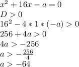 x^2+16x-a=0 \\ D0 \\ 16^2-4*1*(-a)0 \\ 256+4a0 \\ 4a-256 \\ a-\frac{256}{4}\\ a-64