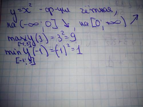 найдите наибольшее и наименьшее значения функции y=x^2 на промежутке -1 3