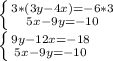 \left \{ {{3*(3y-4x)=-6*3} \atop {5x-9y=-10}} \right. \\\left \{ {{9y-12x=-18} \atop {5x-9y=-10}} \right.