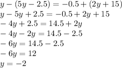 y - (5y - 2.5) = - 0.5 + (2y + 15) \\ y - 5y + 2.5 = - 0.5 + 2y + 15 \\ - 4y + 2.5 = 14.5 + 2y \\ - 4y - 2y = 14.5 - 2.5 \\ - 6y = 14.5 - 2.5 \\ - 6y = 12 \\ y = - 2