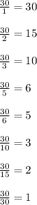 \frac{30}{1} = 30frac{30}{2} = 15frac{30}{3} = 10frac{30}{5} = 6frac{30}{6} = 5frac{30}{10} = 3frac{30}{15} = 2frac{30}{30} = 1\\