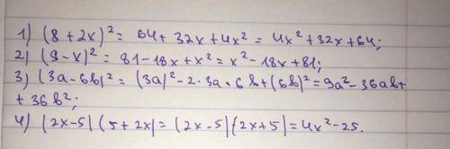 1) (8+2x)^2=2) (9-x)^2=3) (3a-6b)^2=4) (x+1)^25) (2x-5)(5+2x)=​