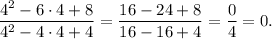 \displaystyle \frac{4^2-6\cdot4+8}{4^2-4\cdot4+4}=\frac{16-24+8}{16-16+4}=\frac{0}{4}=0.\\