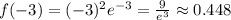 f(-3)=(-3)^2e^{-3}=\frac{9}{e^3}\approx 0.448