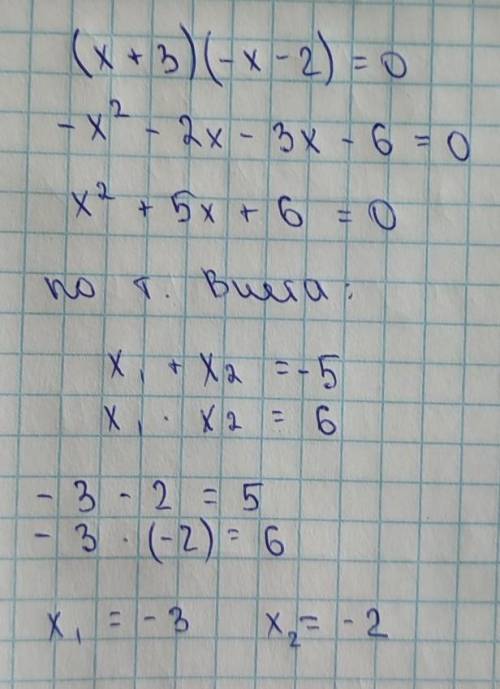 -3 или -2 какой меньший корень в уравнении (х+3)(-х-2)=0​