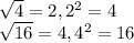 \sqrt{4}=2, 2^{2} =4 \\\sqrt{16}=4, 4^{2}=16