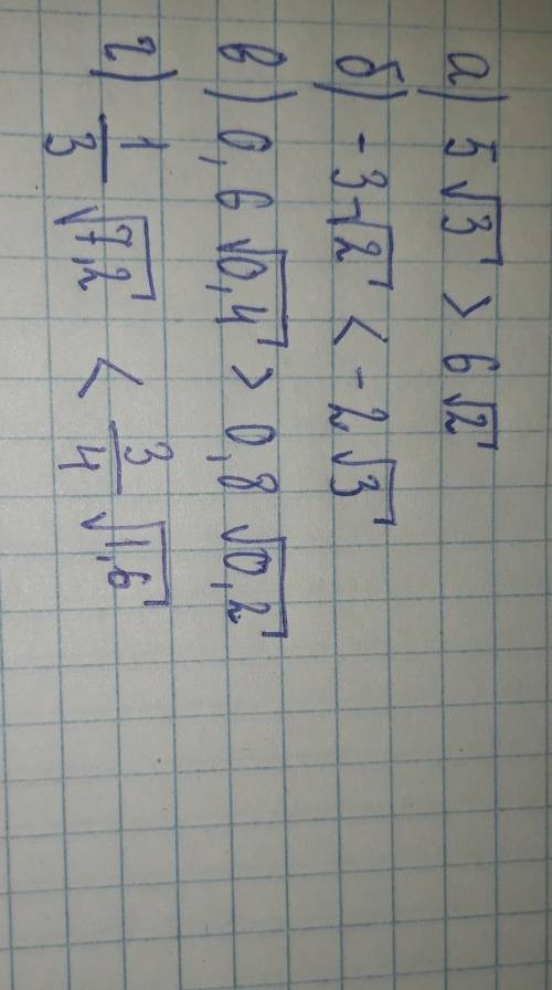 3 задание. Сравните числа: a) 5√3 и 6√2. б) -3√2 и -2√3.в) 0,6√0,4 и 0,8√0,2. г) ⅓√7,2 и ¾√1,6.​