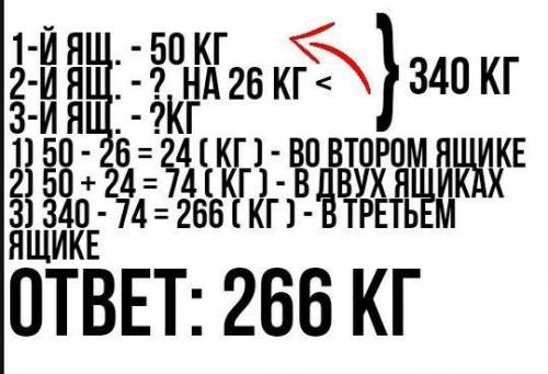 в трёх ящиках 340 кг свеклы. В первом ящике 50 кг .во втором на 26кг меньше чем в первом. Сколько кг