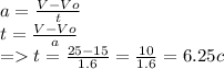 a=\frac{V-Vo}{t} \\t=\frac{V-Vo}{a} \\= t=\frac{25-15}{1.6} =\frac{10}{1.6} =6.25 c