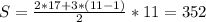 S=\frac{2 * 17 + 3 * (11-1) }{2} * 11 = 352