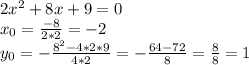 2x^{2} +8x+9=0\\x_{0}=\frac{-8}{2*2}=-2\\y_{0}=-\frac{8^{2}-4*2*9 }{4*2}=-\frac{64-72}{8}=\frac{8}{8}=1