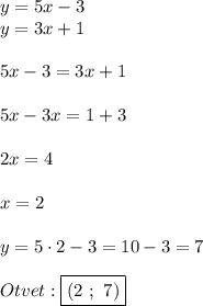 y=5x-3 \\y=3x+15x-3=3x+15x-3x=1+32x=4x=2y=5\cdot2-3=10-3=7Otvet:\boxed{(2 \ ; \ 7)}