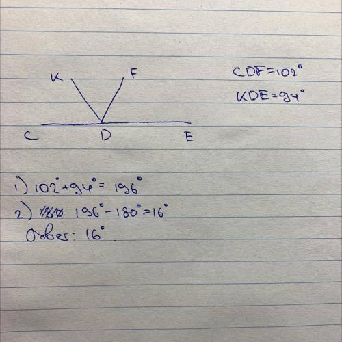 Из вершины развёрнутого угла CDE = 102°, KDE = 94°. Вычислите градусную меру угла KDF