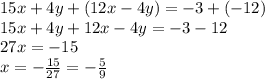 15x+4y+(12x-4y)=-3+(-12)\\15x+4y+12x-4y=-3-12\\27x=-15\\x=-\frac{15}{27} =-\frac{5}{9}