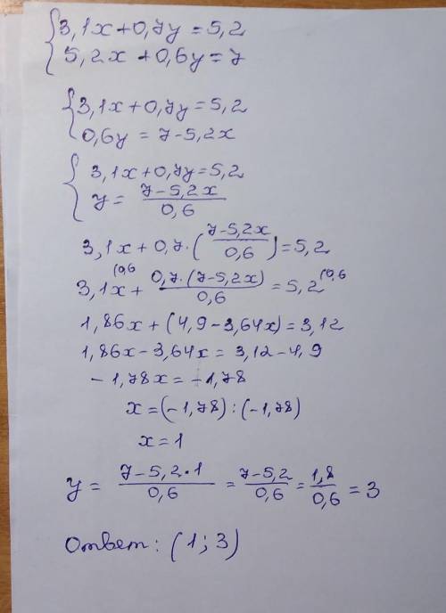 ів тільки з поясніть розв'яжіть систему рівнянь 3,1х+0,7у=5,25,2х+0,6у=7​