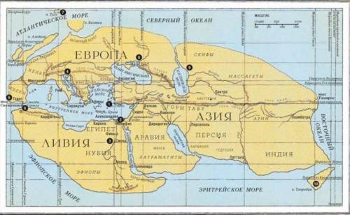 На карті світу Ератосфена мерідіани й паралелі проведено через однакові проміжки?