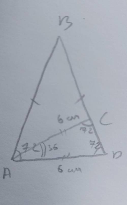 Угол при основе равнобедреного угла триугрльника равен 72 градуса, а бесиктриса угла при основе равн