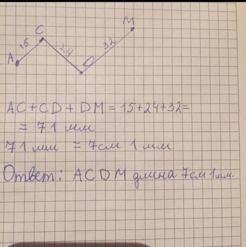 Постройте ломанную ACDMтак чтобы AC= 15мм,CD = 24мм,DM=32мм.Вычислите длину ломанной​