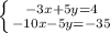 \left \{ {{-3x+5y=4} \atop {-10x-5y=-35}} \right.