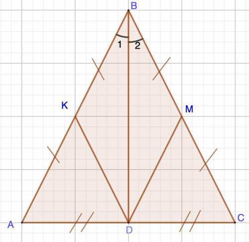 у равнобедренного треугольника АВС , точки К и М есть серединами боковіх сторон АВ и ВС соответствен