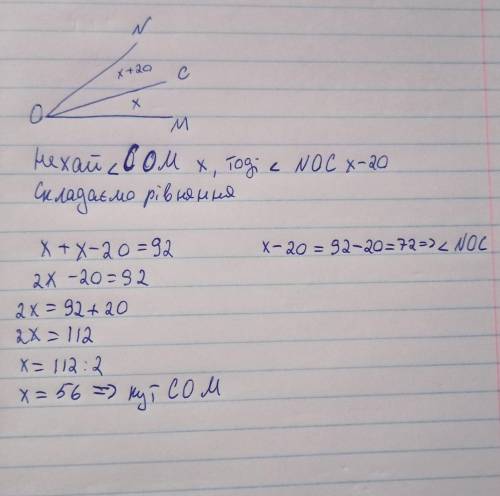 Б) Промінь ОС ділить zNOM на два кути. Знайди NOC, якщо він на 20° менший за zCOM, a zNOM = 92°.