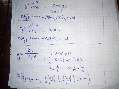 Область определенияy=x+7/x^2-36у=2х/1-25х^2у=х^2-9/х+3​