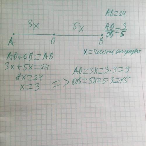 На отрезке AB= 24см выбрана точка O найдите длины отрезков AO и OB если АО: ОВ=3:5​