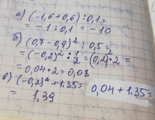 Обчислити значення виразу: А) (-1,6+0,6):0,1 Б) (0,7-0,9)²:0,5 В) (-0,2)²+1,35