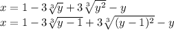 x = 1 - 3 \sqrt[3]{y} + 3 \sqrt[3]{y {}^{2} } - y \\ x = 1 - 3 \sqrt[3]{y - 1} + 3 \sqrt[3]{(y - 1) {}^{2} } - y