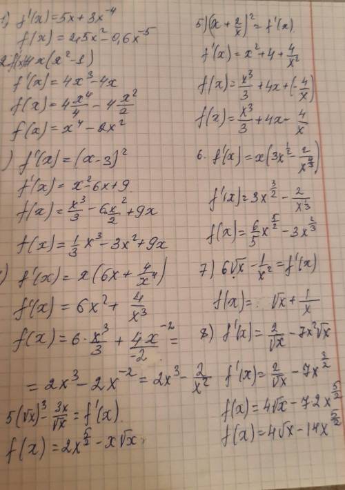 Восстановите функцию f(x) по её известной производной f'(x) (4,5,8 пример)
