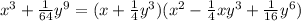 {x}^{3} + \frac{1}{64 } {y}^{9} = (x + \frac{1}{4} y^{3})( {x}^{2} - \frac{1}{4} x {y}^{3} + \frac{1}{16} {y}^{6})