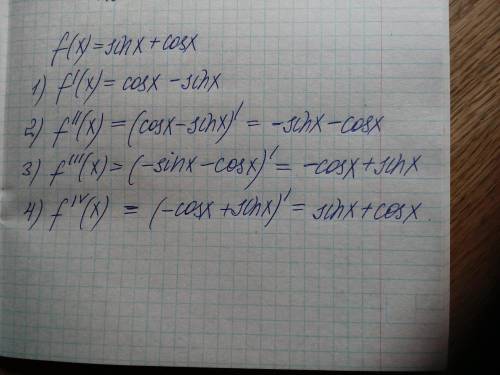 Четверная производная от функции f(x)=sinx+cosx равна