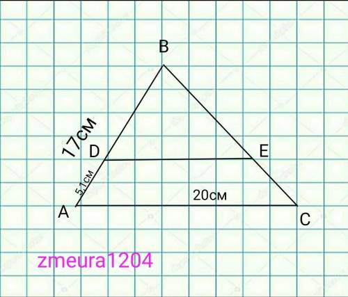 В треугольнике АВС с основанием Ас=20 см и боковой стороной АВ=17 см проведена прямая ДЕ, параллельн