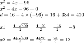 {x}^{2} = 4x + 96 \\ {x}^{2} - 4x - 96 = 0 \\ d = 16 - 4 \times ( - 96) = 16 + 384 = 400 \\ \\ x1 = \frac{4 - \sqrt{400} }{2} = \frac{4 - 20}{2} = \frac{ - 16}{2} = - 8 \\ \\ x2 = \frac{4 + \sqrt{400} }{2} = \frac{4 + 20}{2} = \frac{24}{2} = 12