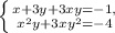 \left \{ {{x+3y+3xy=-1,} \atop {x^{2}y+3xy^{2}=-4 }} \right.