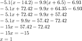 - 5.1(x - 14.2) = 9.9(x + 6.5) - 6.93 \\ - 5.1x + 72.42 = 9.9x + 64.35 - 6.93 \\ - 5.1x + 72.42 = 9.9x + 57.42 \\ - 5.1x - 9.9x = 57.42 - 72.42 \\ - 15x = 57.42 - 72.42 \\ - 15x = - 15 \\ x = 1