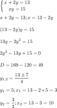 \displaystyle \left \{ {{x+2y=13} \atop {xy=15}} \right. x+2y=13; x=13-2y(13-2y)y=1513y-2y^2=152y^2-13y+15=0D=169-120=49 y_{1.2}=\frac{13 \pm 7}{4} y_1=5; x_1=13-2*5=3y_2=\frac{3}{2}; x_2=13-3=10
