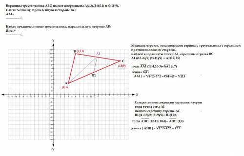 Вершины треугольника ABC имеют координаты A(4;3), B(6;11) и C(18;9). Найди медиану, проведённую к ст